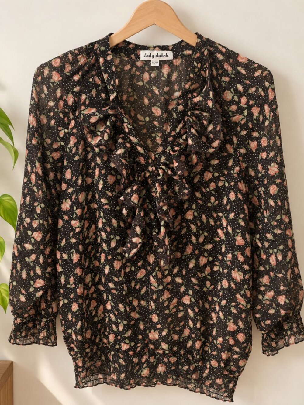 Lady Dutch Black Floral Ruffle Sheer Blouse